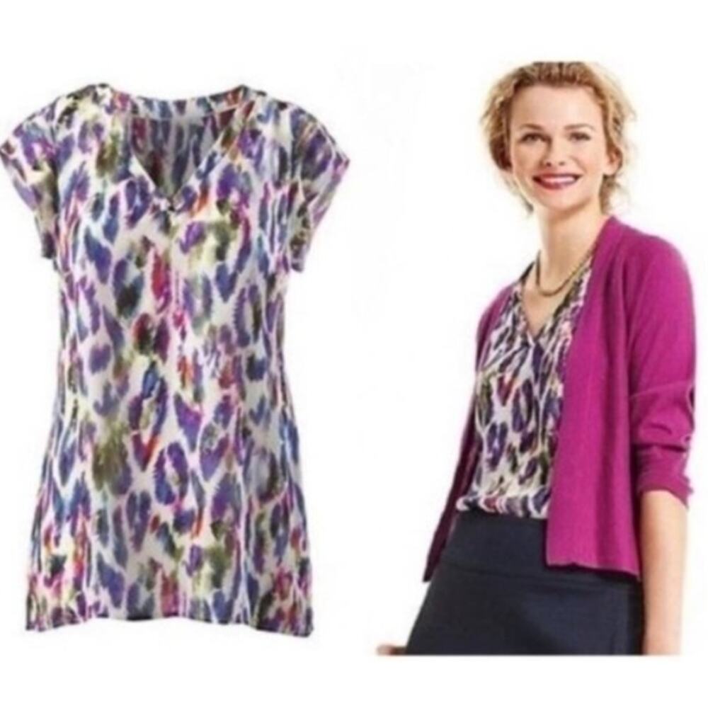 Cabi 5027 Plume Feather Print Blouse Cap Sleeve V-Neck Purple Green Blue XS